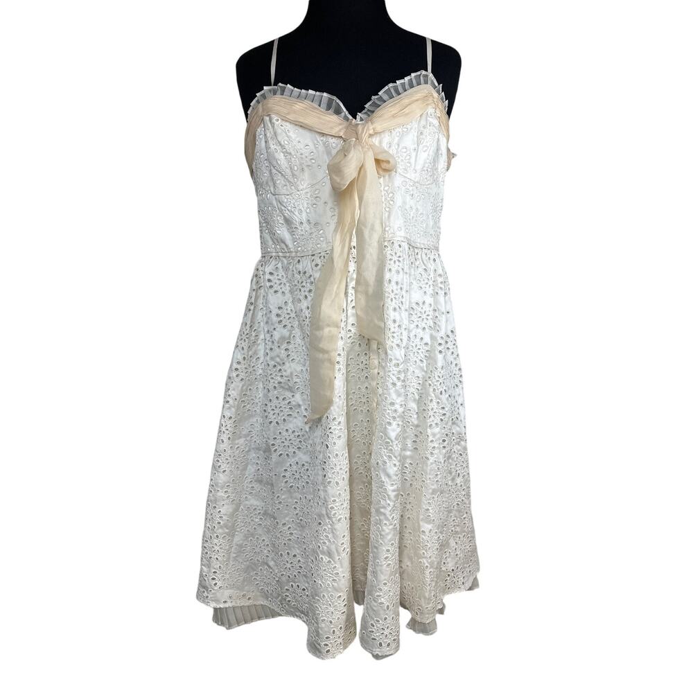 ECI New York 100% Silk Ivory Eyelet Ruffle Mini Spaghetti Strap Dress Size 10